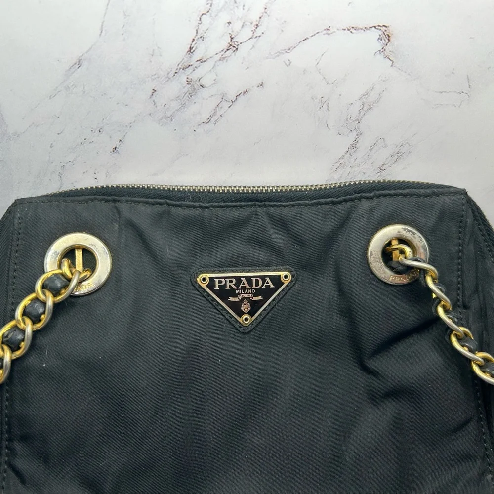 Prada Black Nylon Shoulder Bag with Gold Chain - Picture 4 of 10